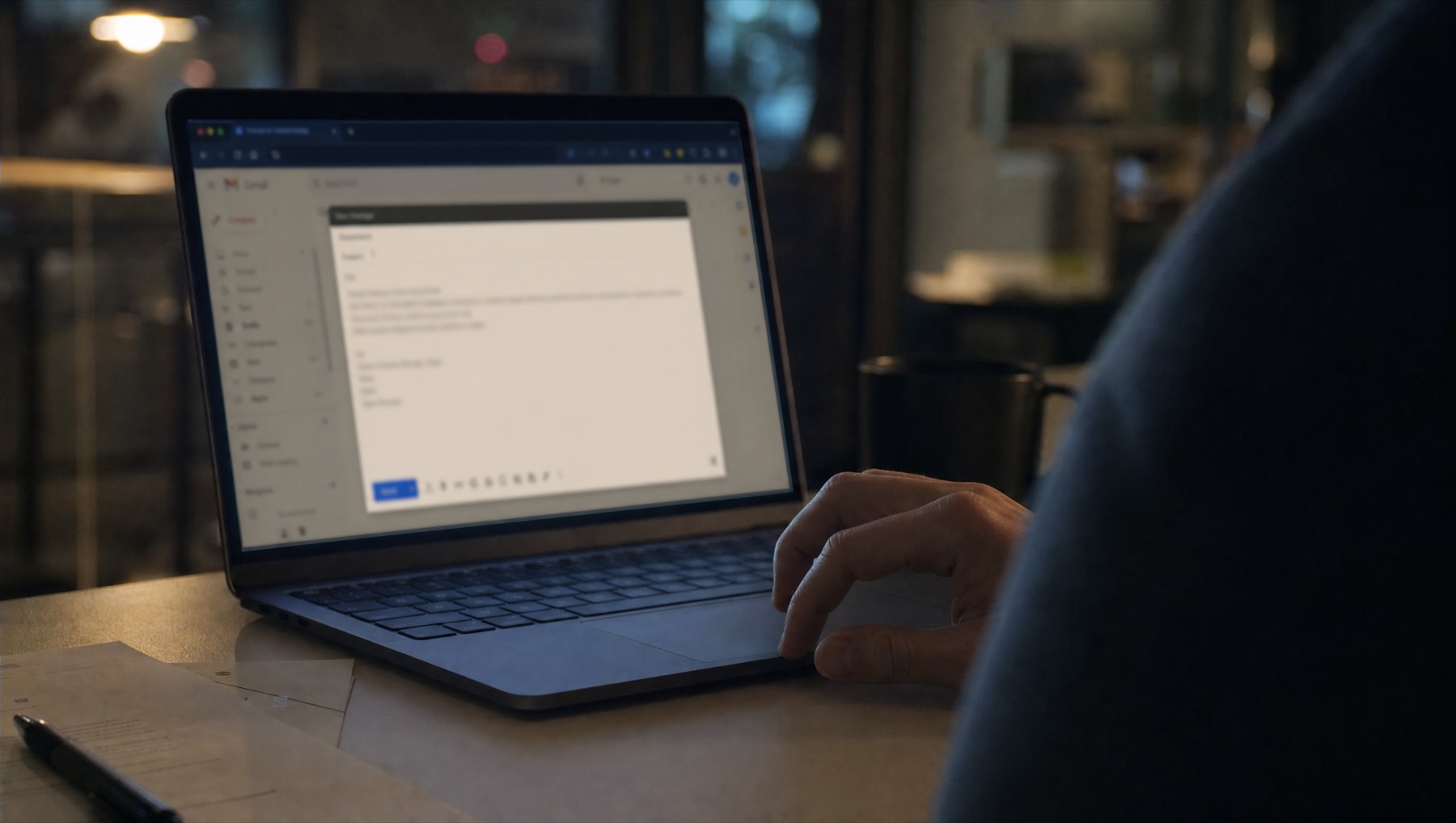 A drafted message on a laptop screen, late, with the cursor resting and the message unsent